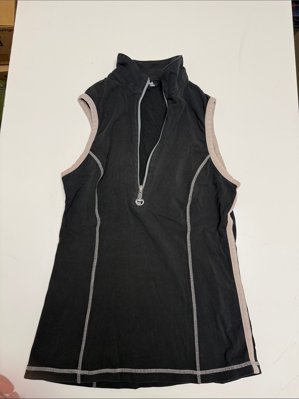 Sleeveless Black Tank with Beige Contrast Trim and Half Zip